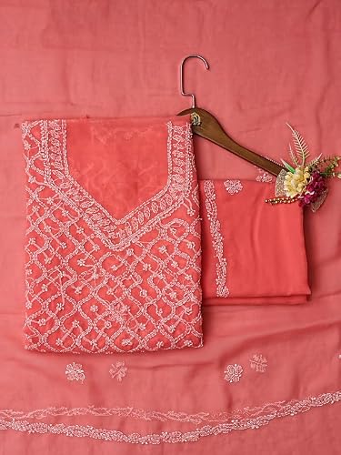 Ada Hand Embroidered Chikankari Georgette Dress Material for Women Peach