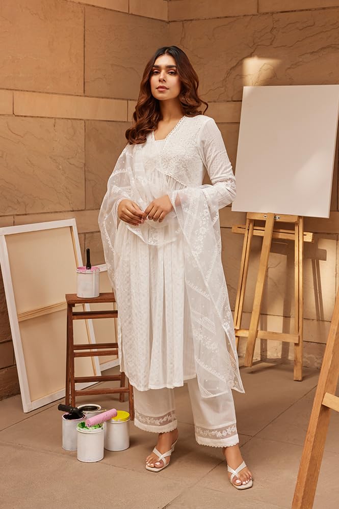 W for Woman W Women White Festive Solid Cotton Kurta, Straight Pant & Dupatta_24FEWS10494-221393_2XL