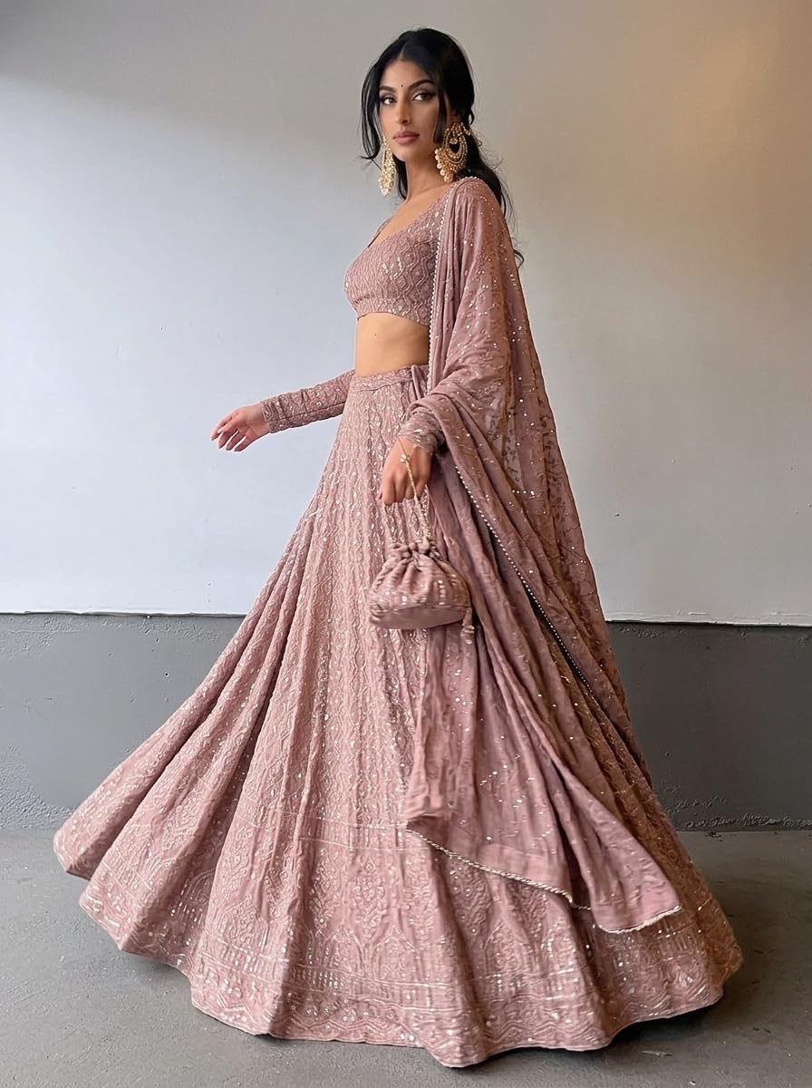 JIHU CULTURE Pink Georgette Sequence Lucknowi Embroidery Work Semi sttiched Lehenga choli set for women (pink)