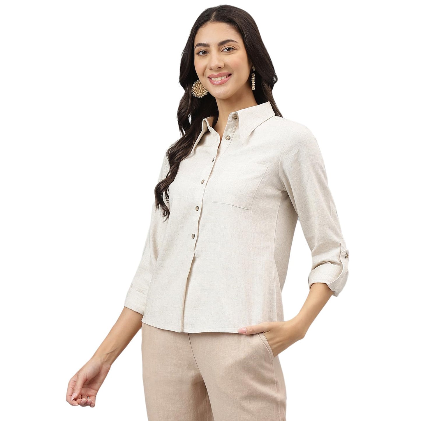 Latin Quarters Women Beige Spread Collar Long Sleeves Solid Shirt for Casual_XXL