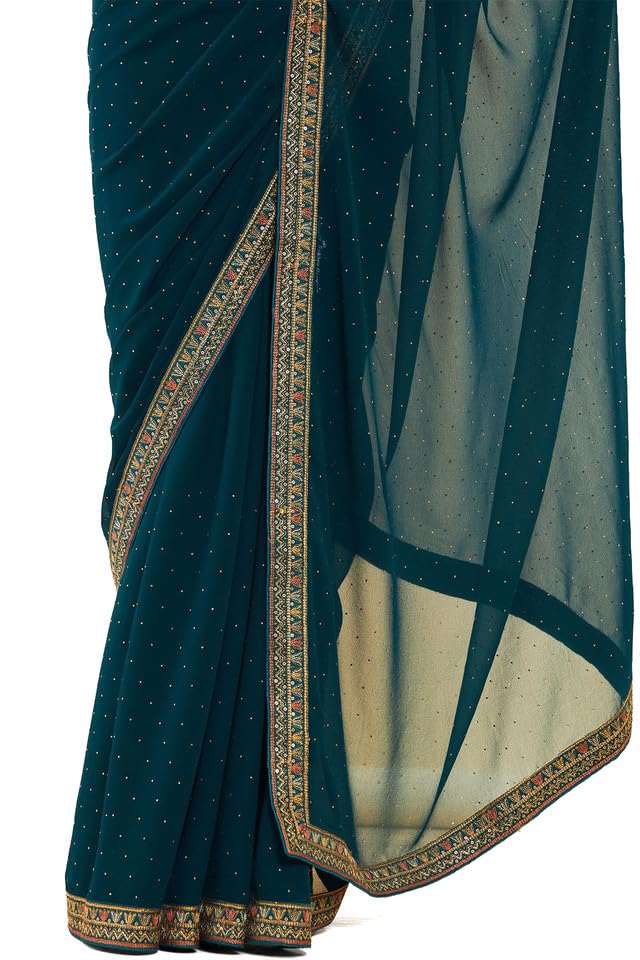 Soch Womens Turquoise Blue Georgette Saree With Stones And Embroidery