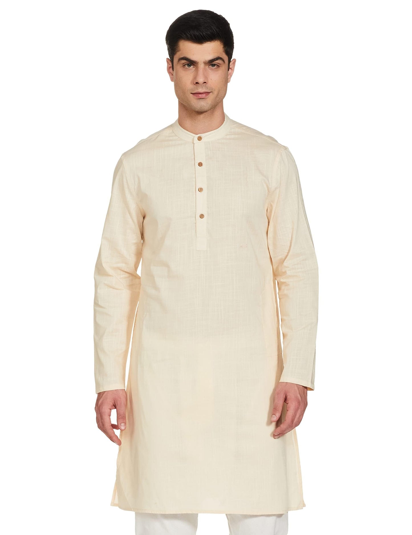 Amazon Brand - Symbol Men's Cotton Solid Long Kurta (Regular Fit) (SYMETHLKUR-1_Brazilian Sand_XL)