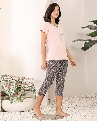 BODYCARE Women's Cotton Printed T-Shirt and Capri Set | Soft & Breathable Nightwear | Short Sleeves | Loungewear Co-Ord Set| BSCS16042_100 Multicolour