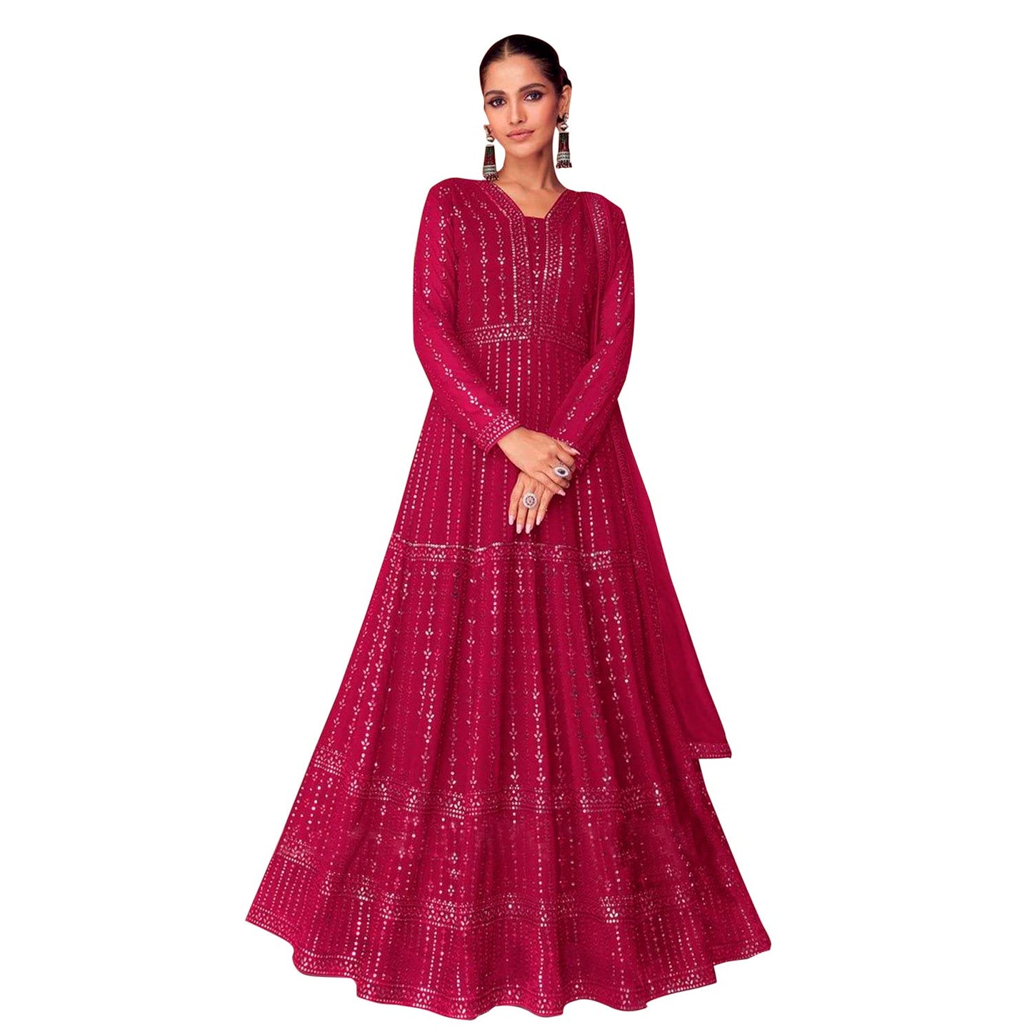 Miss Ethnik Women's Faux Georgette Full Sleeve Stitched Embroidered Floor Length Pink Anarkali Gown with Dupatta (ME-1106-Pink-L)