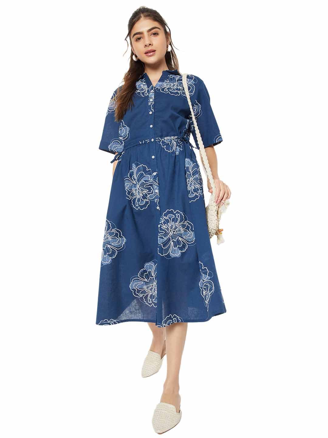 Max Women Embroidered Shirt Dress(Blue_XS)