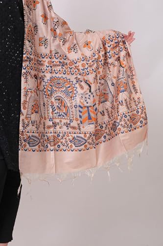 DESI PALETTE Stylish Hand Block Madhubani Printed Tussar Muga Silk Dupatta for Womens & Girls | Lightweight & Comfotable Traditional Dupatta (Golden Blue Orange_2.4 Meters)