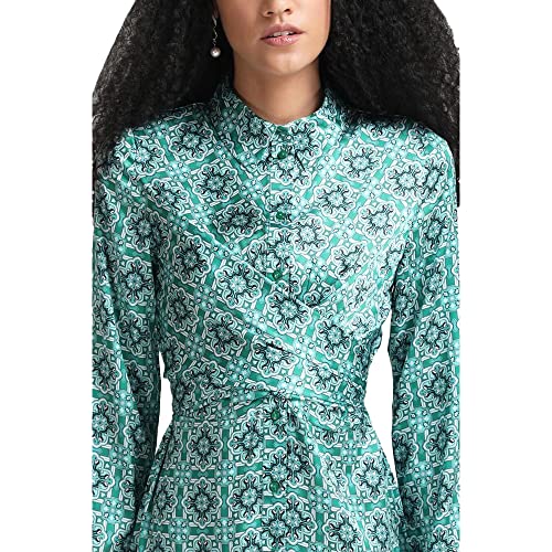 Kazo Geometric Polyester Blend Collar Neck Women's Midi Dress (Green,Small)