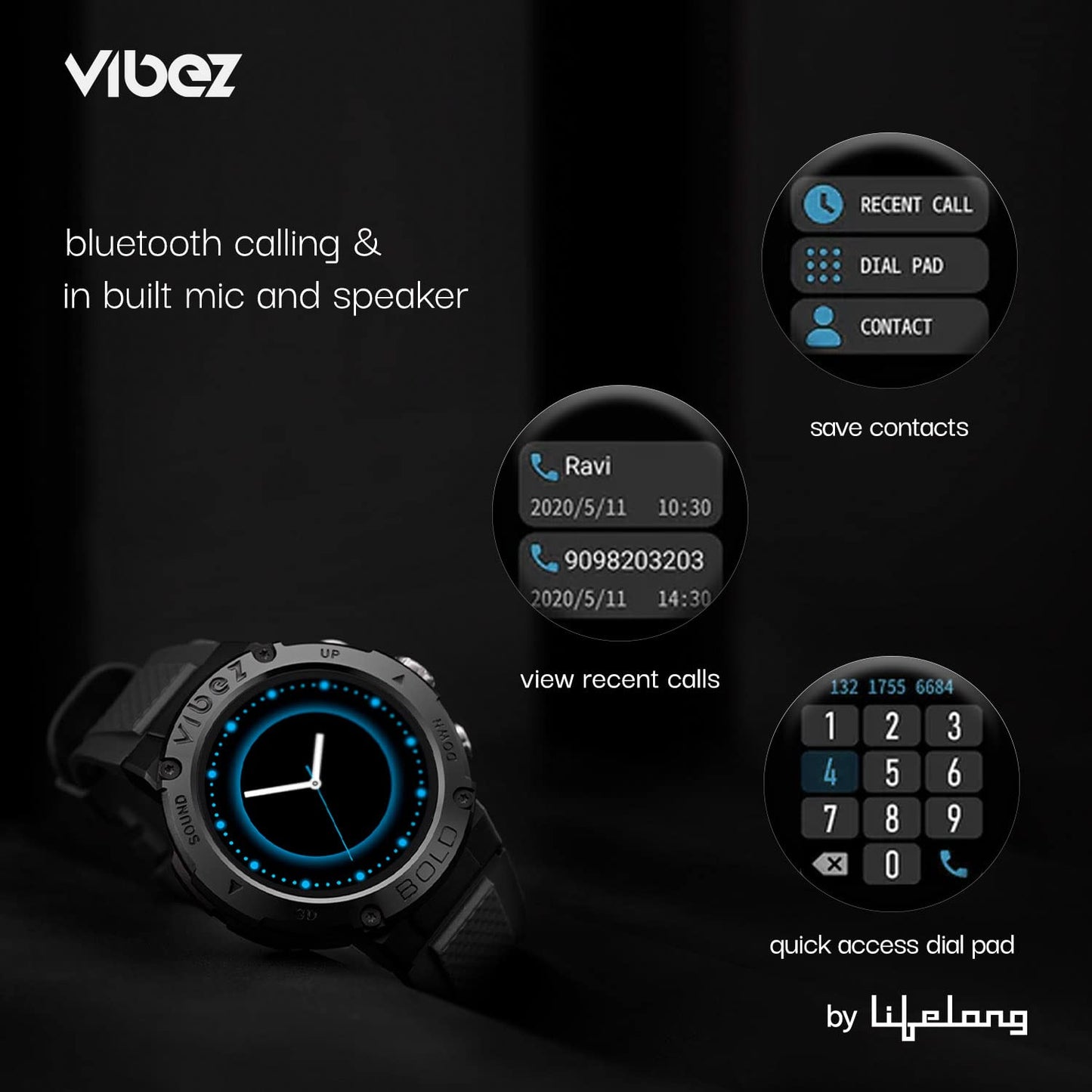 Vibez by Lifelong Bold Smartwatch For Men Bluetooth Calling 1.32" HD Display|24x7 Heart Rate & SpO2 Tracking|Sports Mode|Sleep Monitor|IP67|7 days Battery Backup (VBSWM999, 1 Year Manufacturer Warranty, Black)