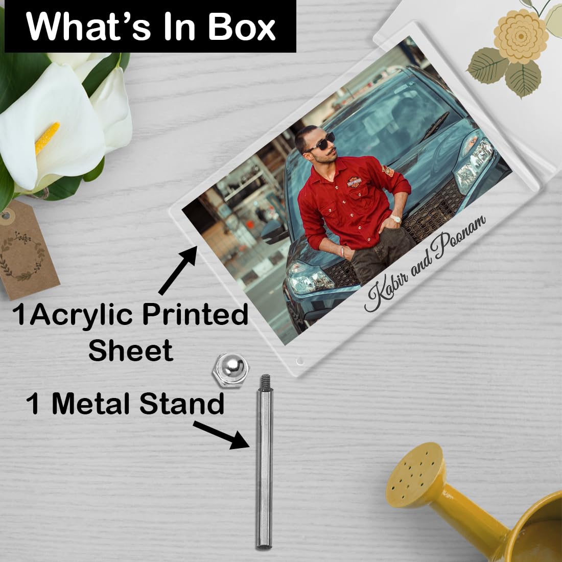 Fashionury Customised Photo and Text Frame Personalized with Metal Removable Stand | Table Top Horizontal Photo Frames | Photo Frame Anniversary and Gift Birthday (Transparent Acrylic, 6 * 9 Inches)