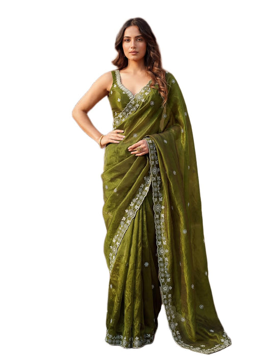 SIRIL Women's Tissue Silk Scalloped Border Embellished Sequins Embroidery Saree with Unstitched Blouse Piece (4793S141A_Mehndi Green)
