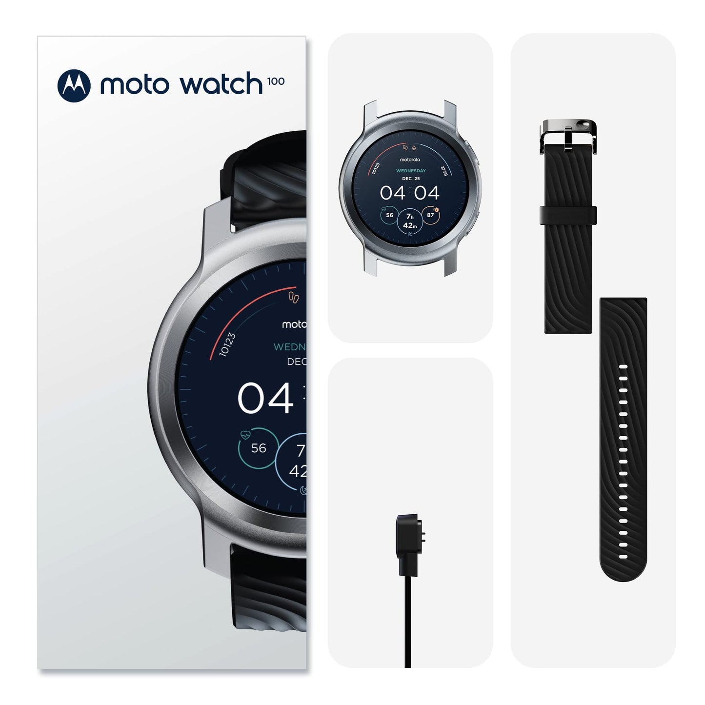 Motorola Moto Watch 100 Smartwatch - 42mm Smartwatch with GPS for Men & Women, Up to 14 Day Battery, 24/7 Heart Rate, SpO2, 5ATM Water Resistant, AOD, Android & iOS Compatible - Glacier Silver