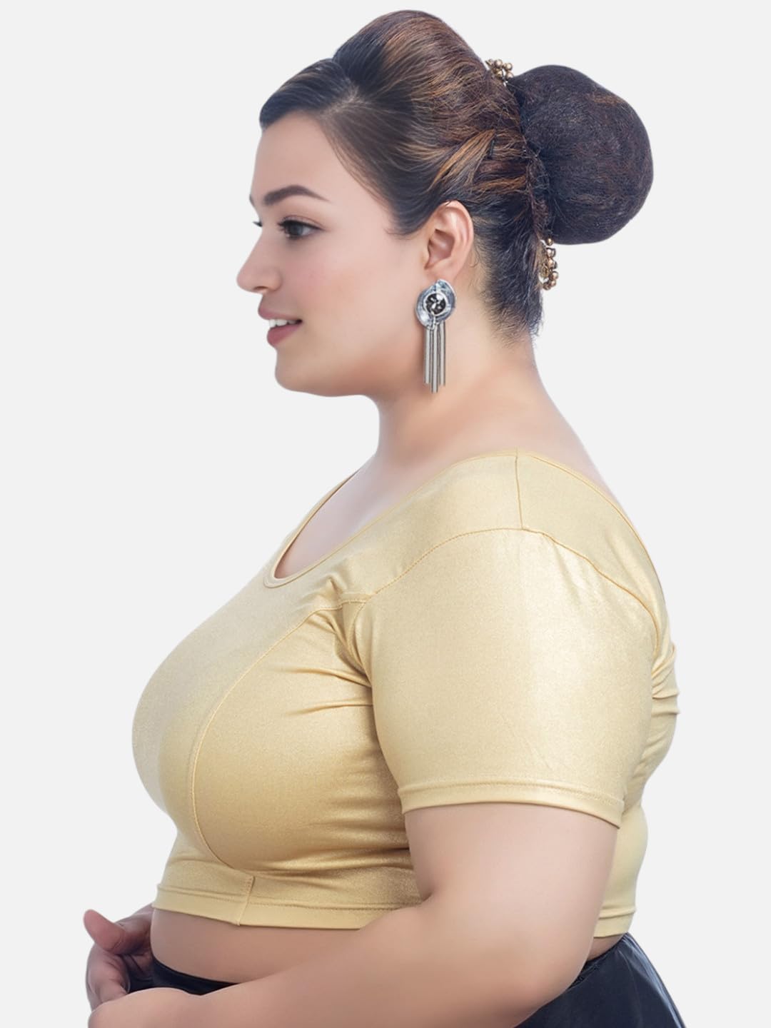 Biyu Women's Lycra Stretchable Gold Short Sleeves Round Neck Princess Cut Plus Size Readymade Saree Blouse (Gold, 50)