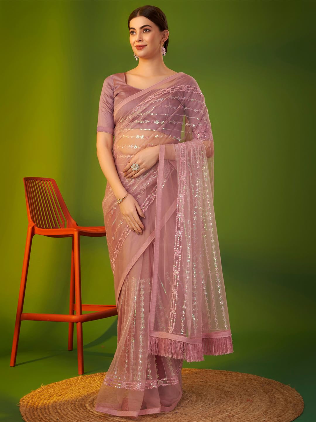 AKHILAM Women's Mauve Net Embellished Lace Work Saree with Unstitched Blouse Piece (AAVYA3501_HV)
