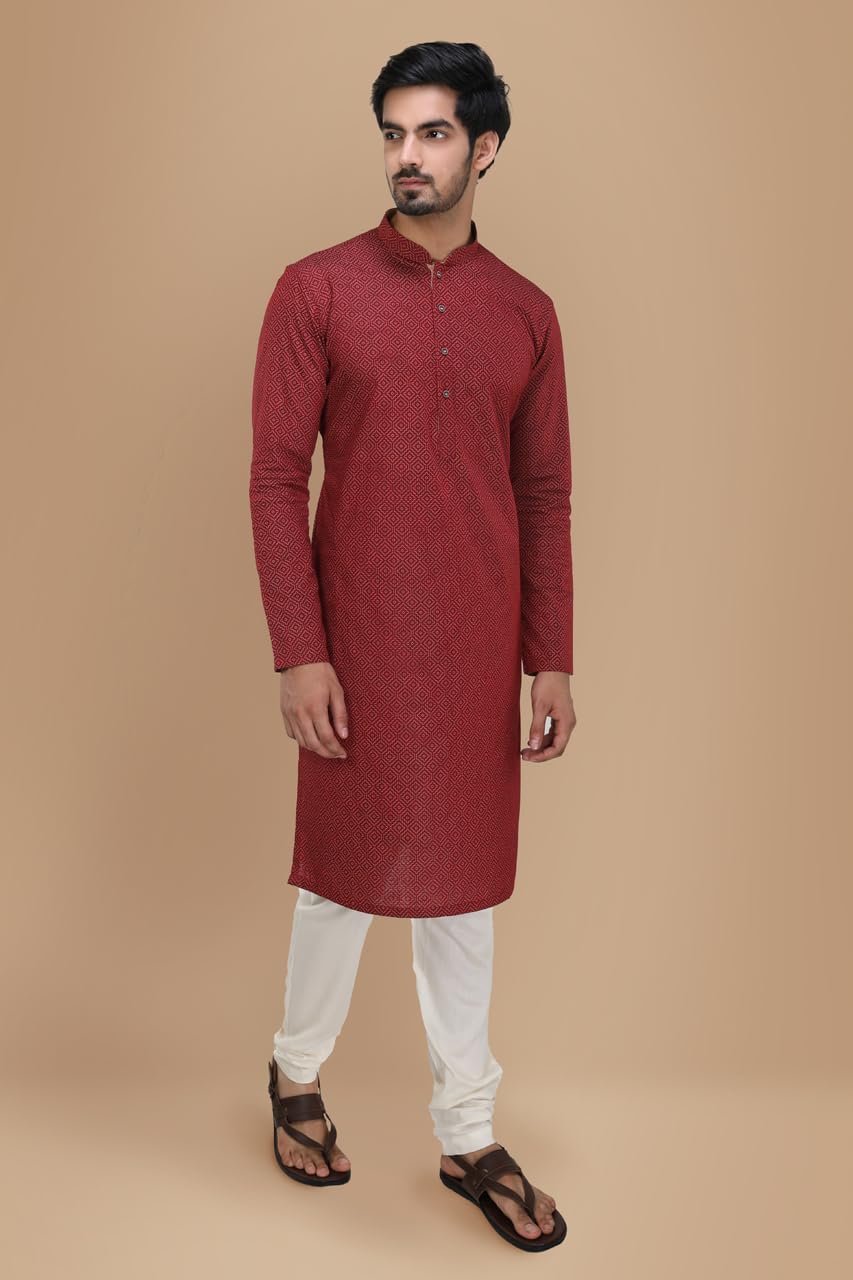 Manyavar Men's Maroon Printed Kurta (XL)