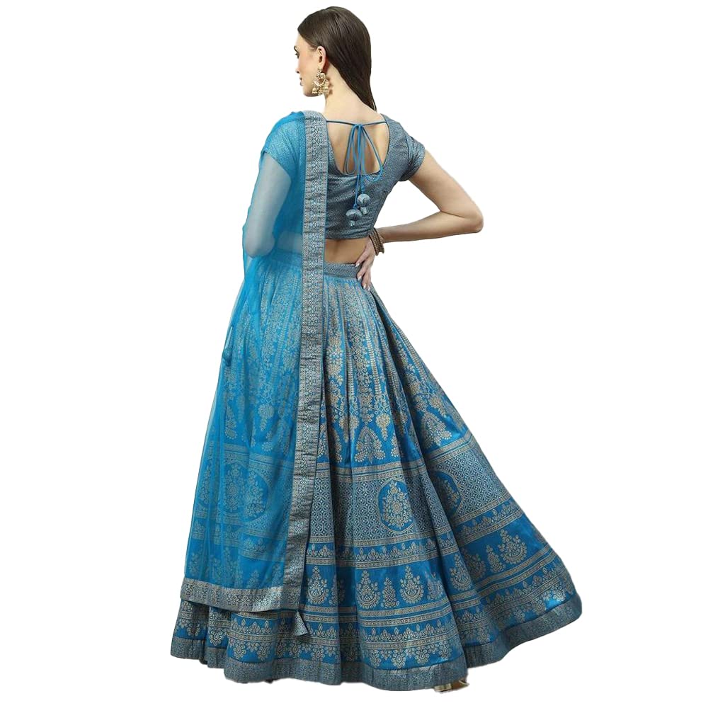BIBA Women's Polyester Readymade Printed Flared Salwar Kurta Dupatta Lehenga Choli Set (Skdfestive 8367_Turquoise_42)