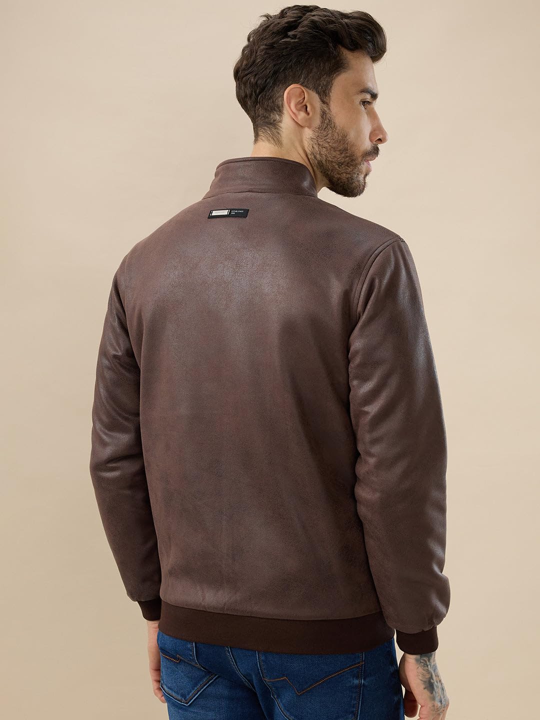 Status Quo Men's Solid Leather Textured Stand Collar Bomber Jacket | 100% Polyester | BROWN | M Size