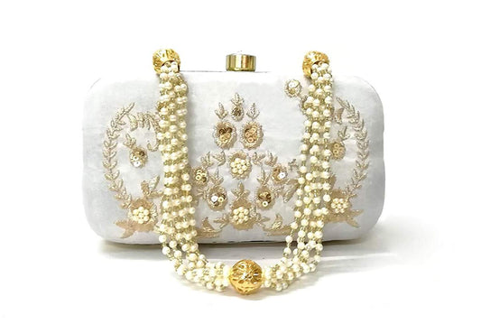 DUCHESS Women's & Girl's White Designer Box Clutch With Beautiful Pearl Handle