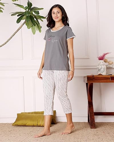 BODYCARE Women's Cotton Printed T-Shirt and Capri Set | Soft & Breathable Nightwear | Short Sleeves | Loungewear Co-Ord Set| BSCS16040_100 Multicolour