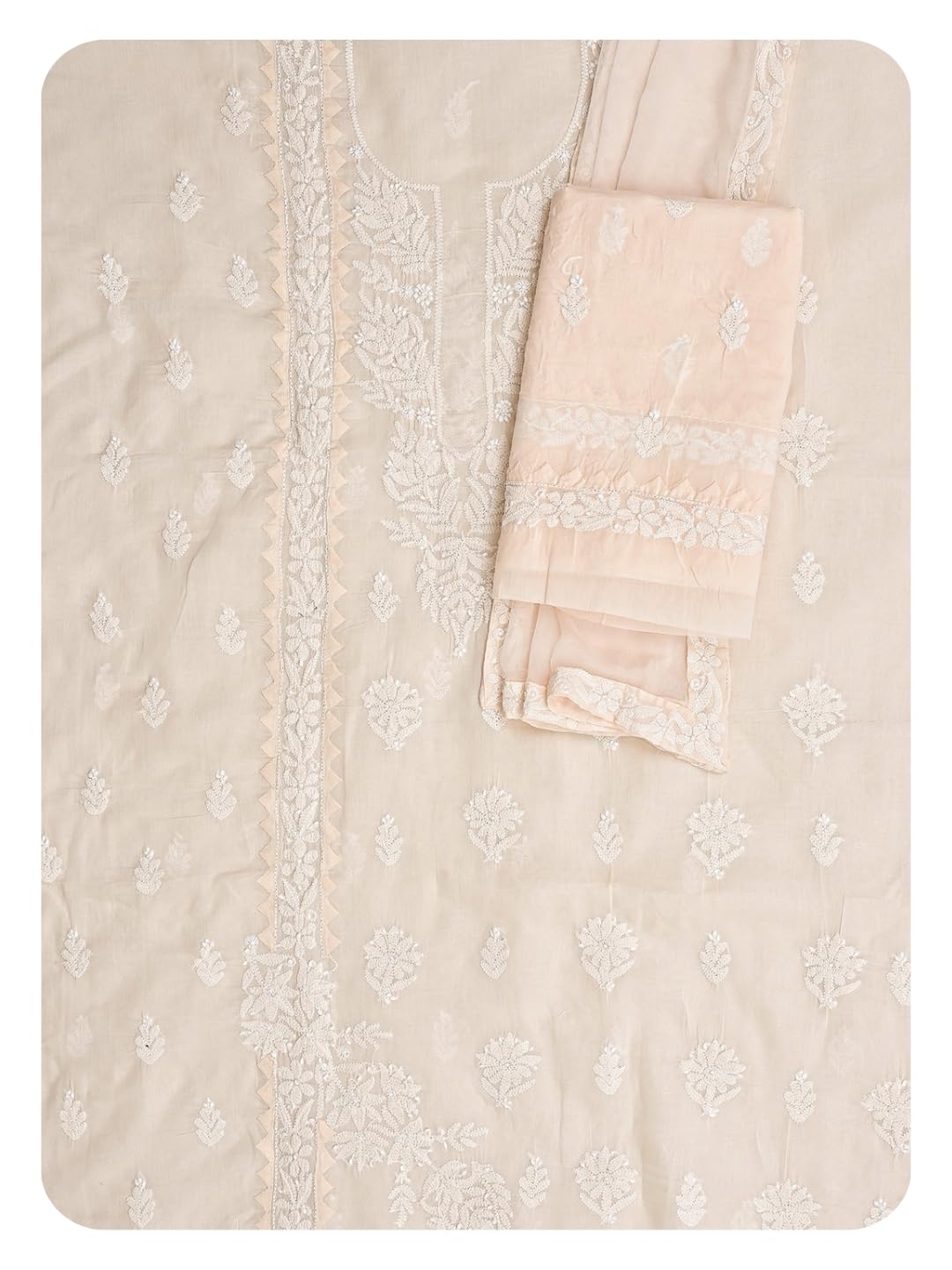 Ada Hand Embroidered Lucknowi Chikankari Unstitched Cotton Dress Material Suit Piece with Dupatta for Women 01A871559 Peach