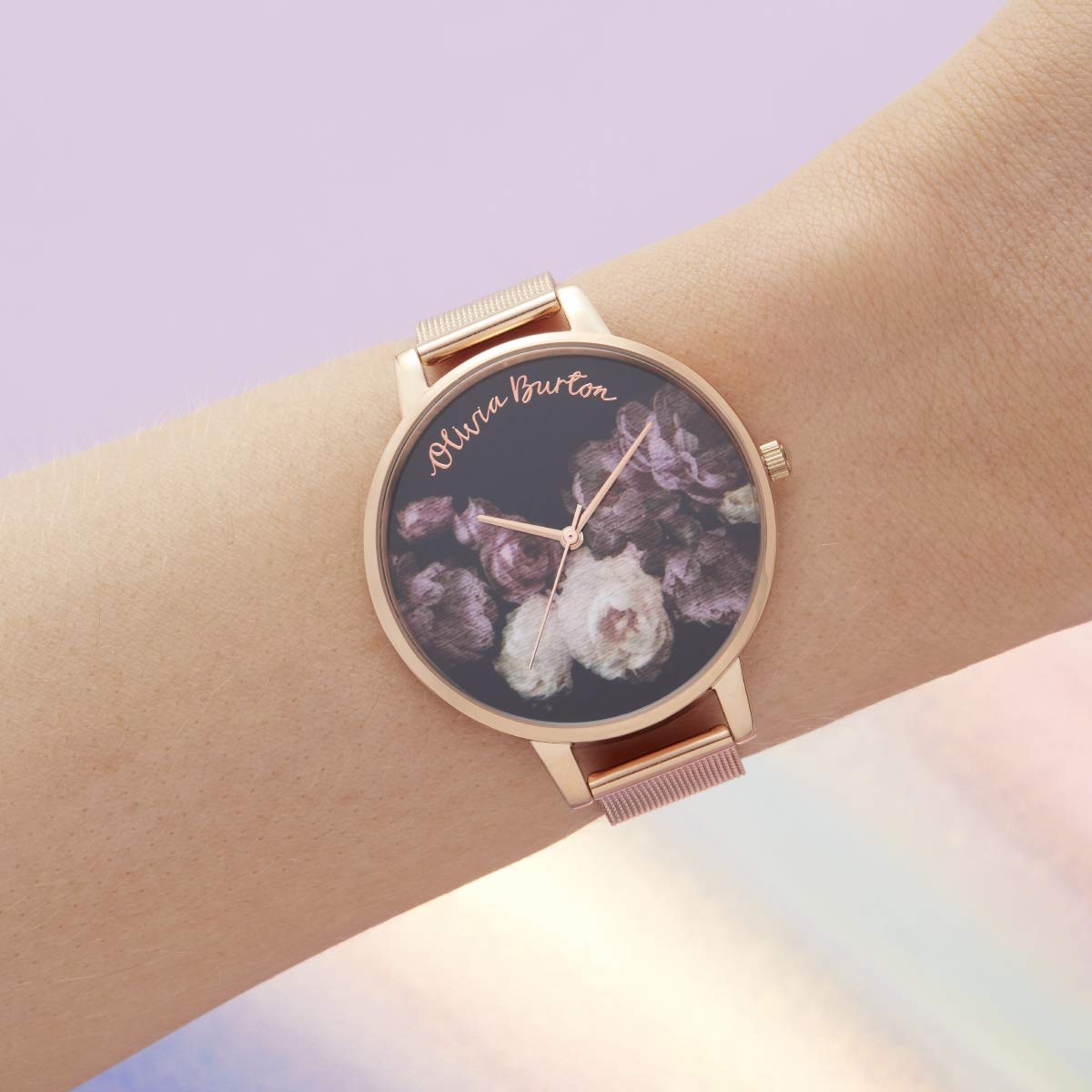 Olivia burton Fine Art Qtz Basic Black & Floral Round Dial Women's Watch|Ionic Plated Rose Gold Steel Material|Gold Color Band - OB16WG22