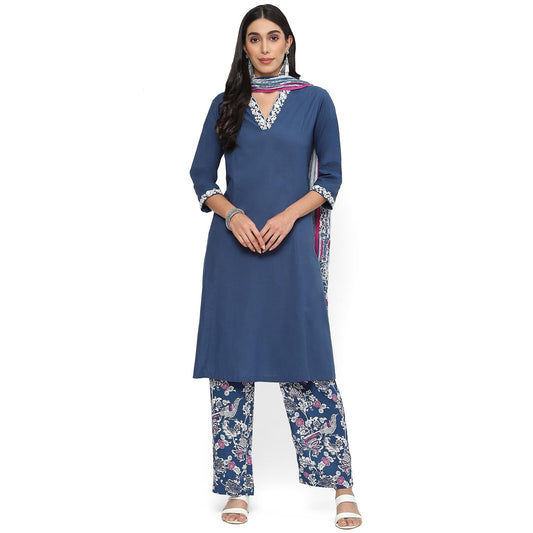 BIBA WOMEN SOLID STRAIGHT SALWAR KURTA DUPATTA(SKDINDIE ST8125_BLUE_38)