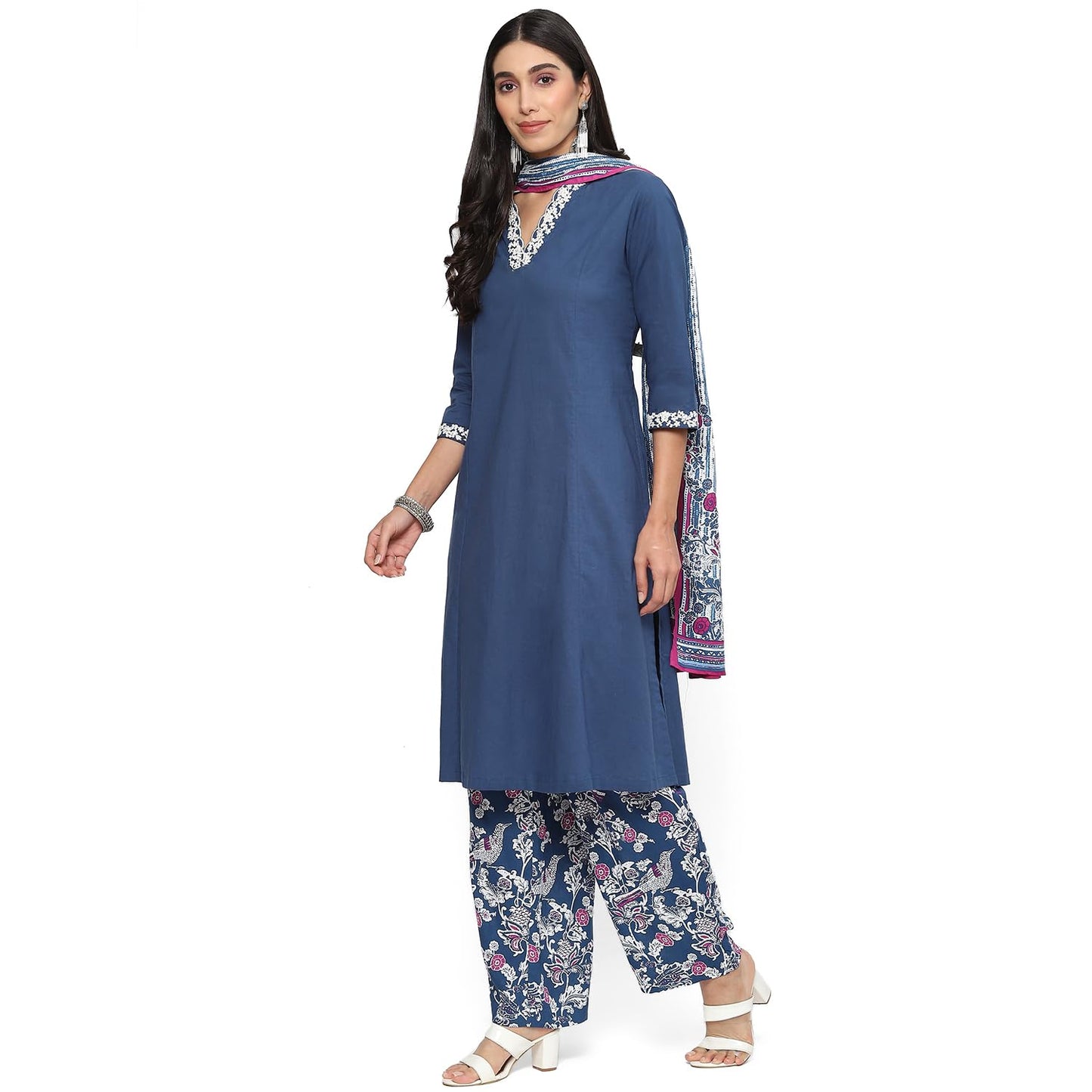 BIBA WOMEN SOLID STRAIGHT SALWAR KURTA DUPATTA(SKDINDIE ST8125_BLUE_38)