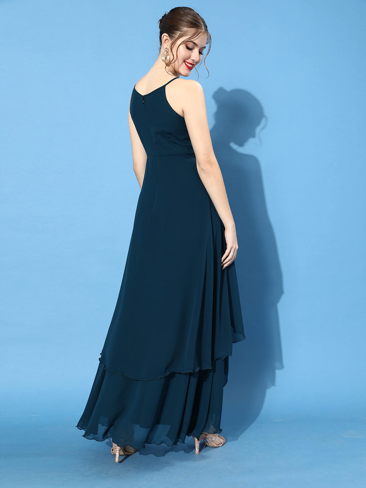 Miss Chase Women's Teal Round Neck Sleeveless Solid Embellished Maxi Dress (X-Small)