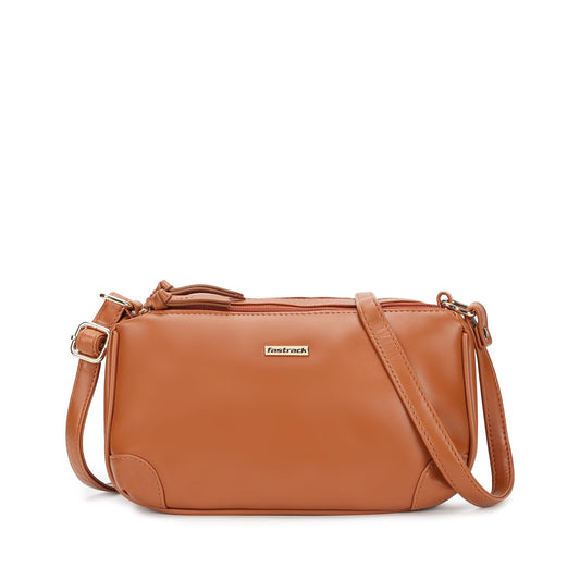 Fastrack Tan Sling Bag for Women | Minimal Faux Leather Crossbody with 2 Zippered Compartments & Quick-Access Pocket | Adjustable Strap Sling for Everyday Outings & College