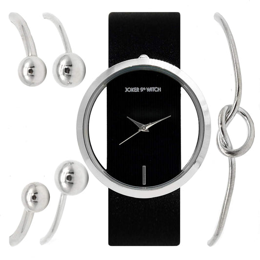Joker & Witch Polyurethane Ofilia Black Dial Analog Watch Bracelet Gift Set For Women, Black Band