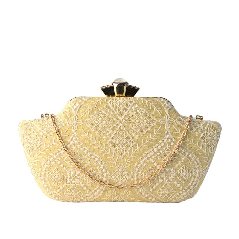 Artklim Boat Shaped Beige Color Embroidered Clutch