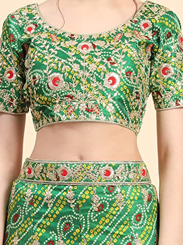 leeza store Women's Bollywood Style Silk Blend Bandhani Printed Zari And Sequins Embroidery Work Lehenga Choli With Dupatta