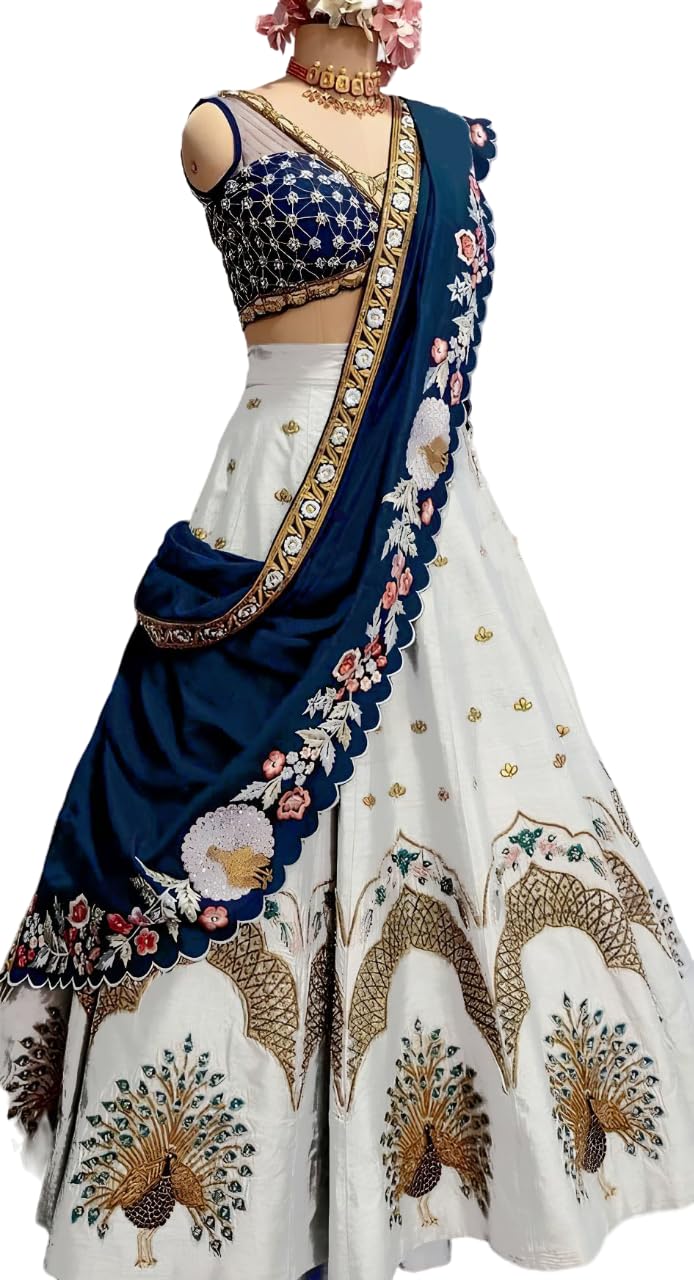 SHYAMLATA Women's White Embroidered Satin Silk Semi-Stitched Lehenga Choli For Women I Designer I New I Bridal I Bollywood I Letest I Stylish I Lehenga For Women