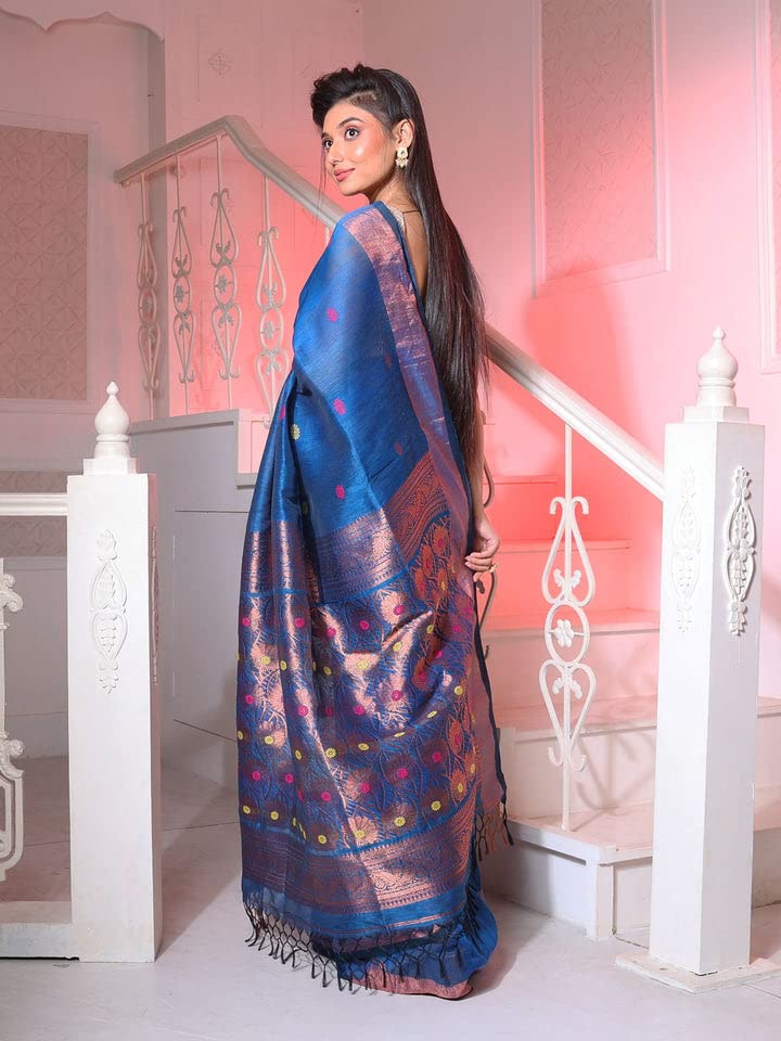 Sareekatha Women's Linen Handloom Saree With Unstitched Blouse Piece. (Sky)