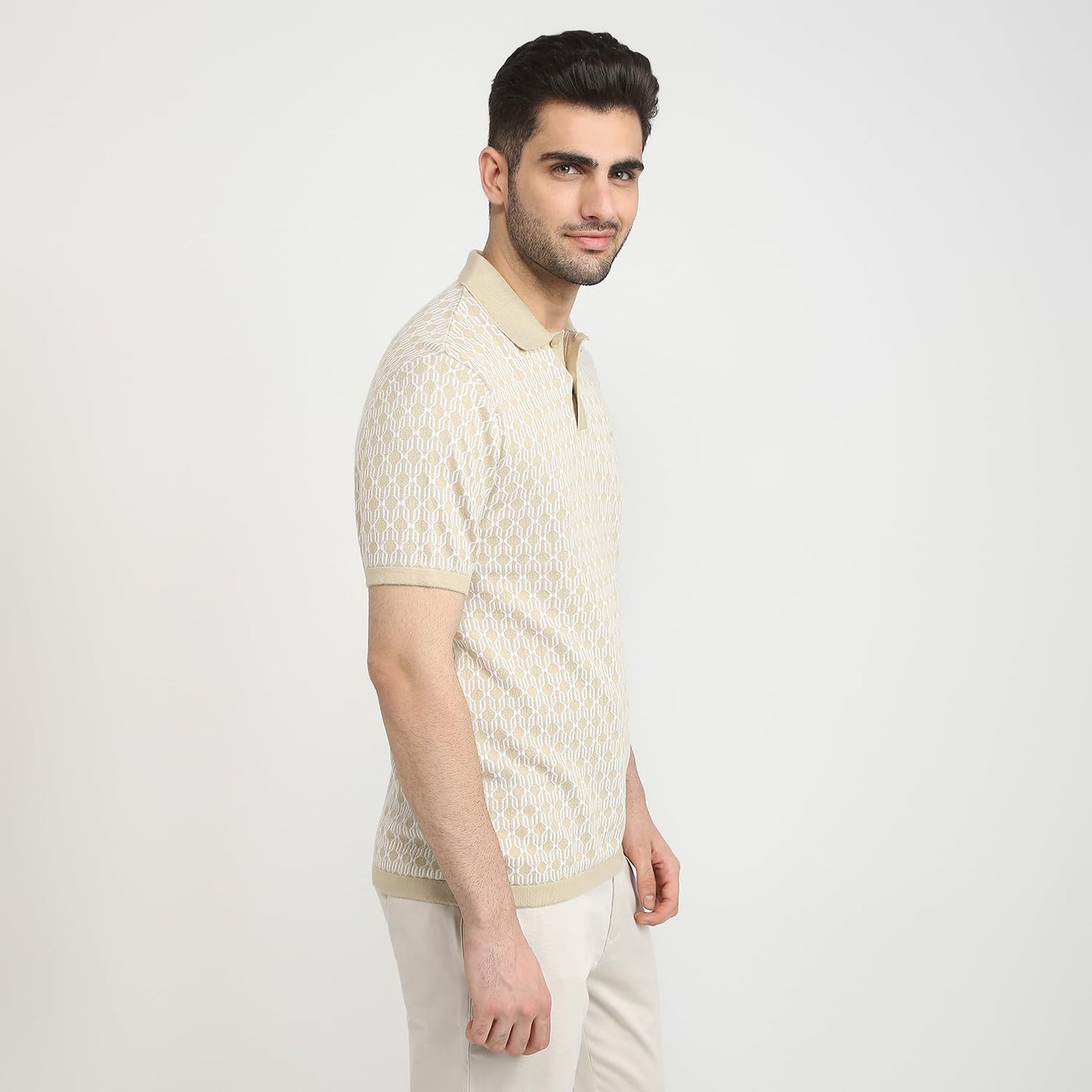 Park Avenue Men Slim Fit Solid Pattern Pure Cotton Half Sleeve Riviera Collar Casual T-Shirt (Size: 40)-PCKB01442-F3 Medium Fawn