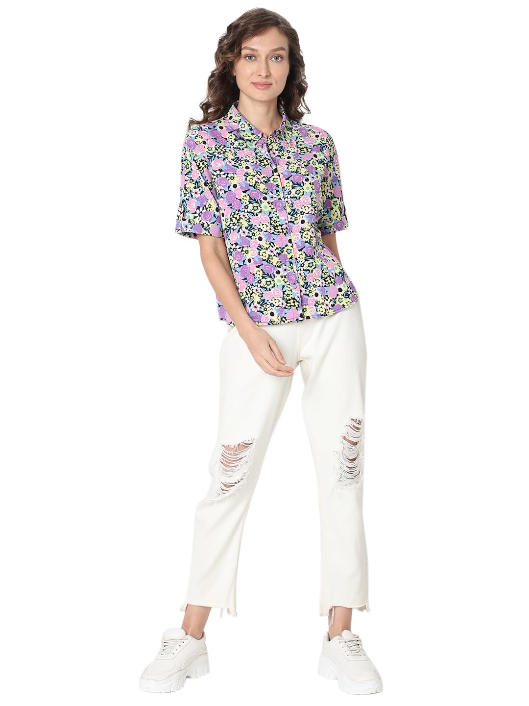 VERO MODA Women Floral Print Purple Polyester Regular Fit Shirt