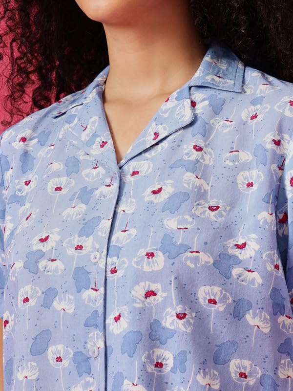 Clovia Women's Rayon Printed Button-Down Shirt & Shorts Set in Blue