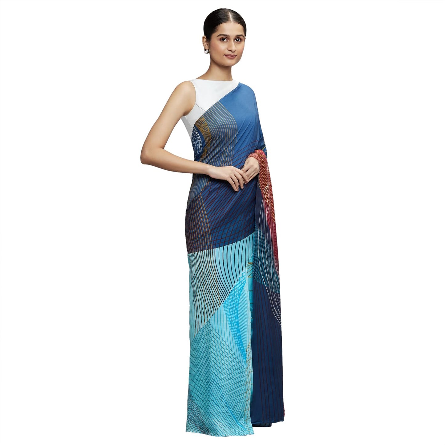 navyasa Dark Blue Liva Organza Geometric Print Saree