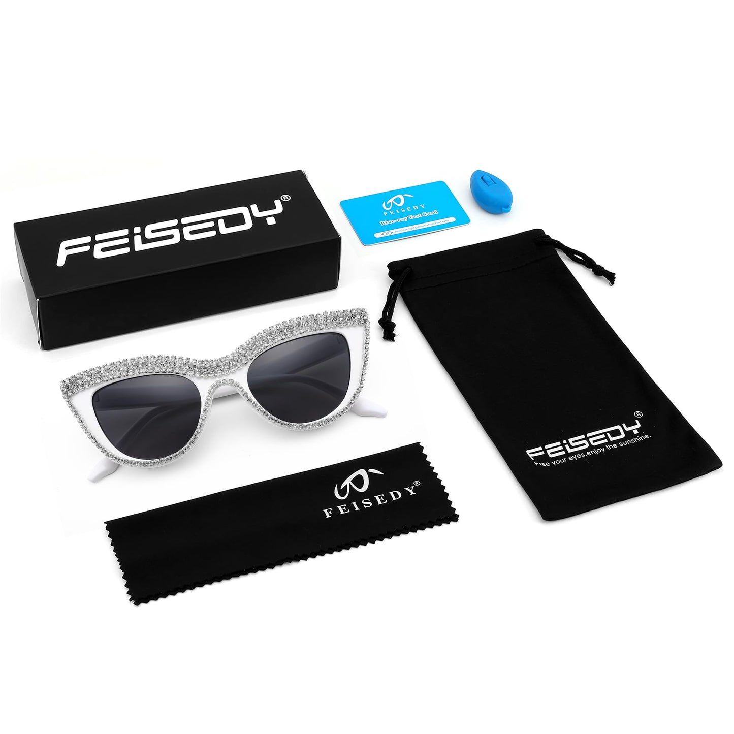 FEISEDY Women Oversized Diamond Sunglasses Fashion Cat Eye Rhinestone Sunglasses Jeweled Frame Costume Party B2360, White Stripe Diamond, 51mm