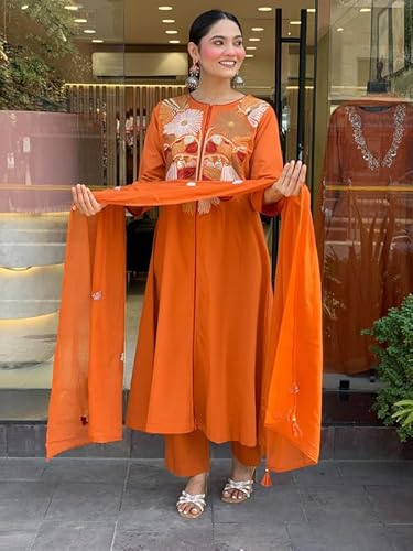 AVYUKTHA | Women Floral Embroidered Kurta with Pyjamas & Dupatta | Thread Work Ethnic Kurta Set for Women | Festive & Daily | Orange | Size- S