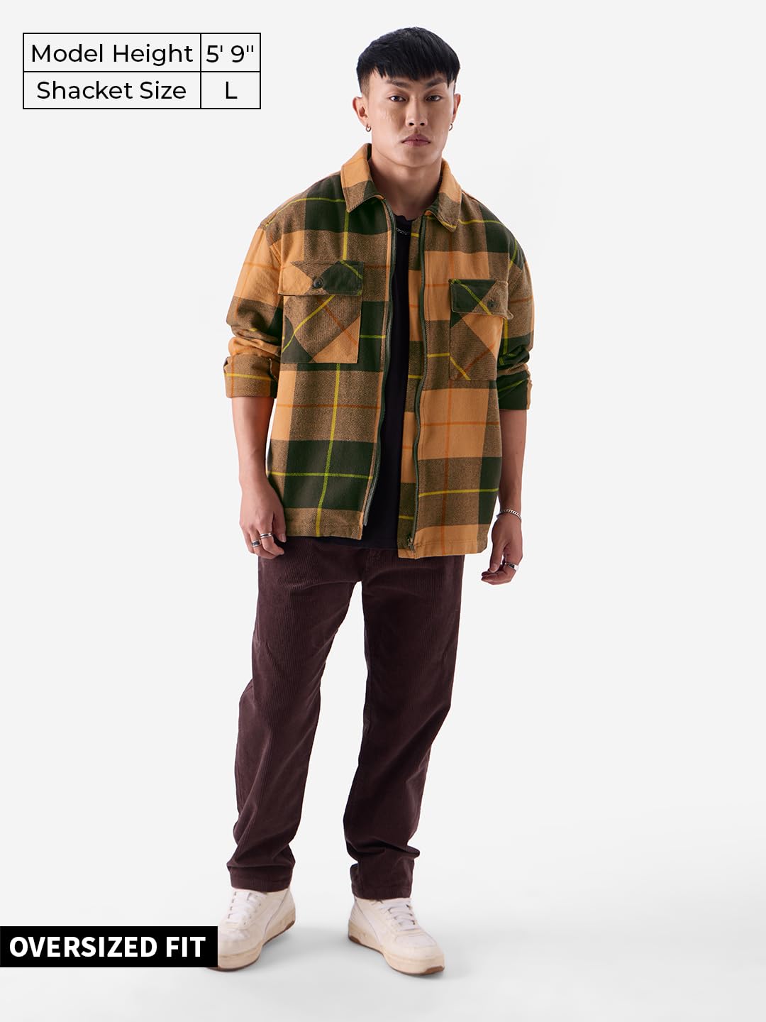 The Souled Store Ochre Vibes Men and Boys Long Sleeve Zipper Front Oversized Fit Cotton Flannel Shackets Men's Flannel Shirt Winter Plaid Thick Jackets Shackets for Men Outerwear Layering Shirts