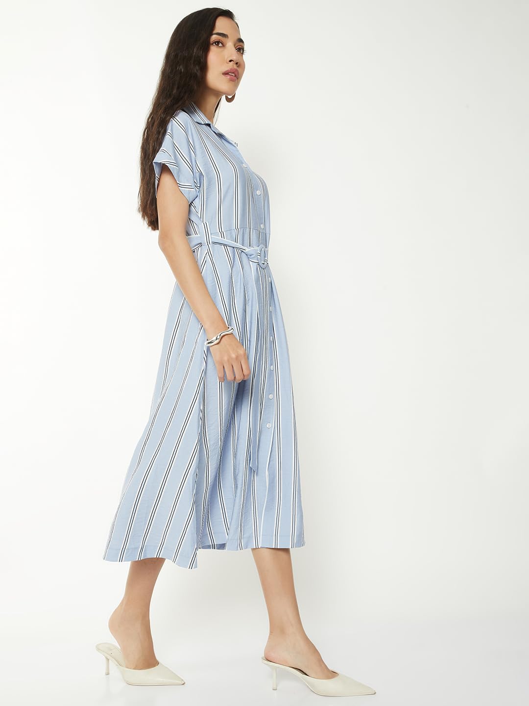 Max Women Striped Shirt Dress (Blue_XL)