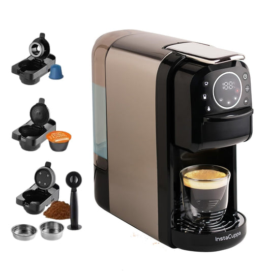 InstaCuppa 3-in-1 Espresso Coffee Maker, Works with Ground Coffee, Pods & Capsules, Electric Kettle Mode with Temperature Control, Adjustable Volume, Self-Cleaning, LED Touch Control and Display