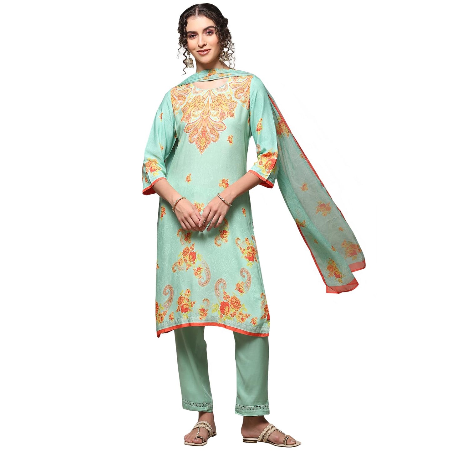 BIBA WOMEN PRINTED NARROW SALWAR KURTA DUPATTA(SKDASSORTED7940E_SEA GREEN_38)