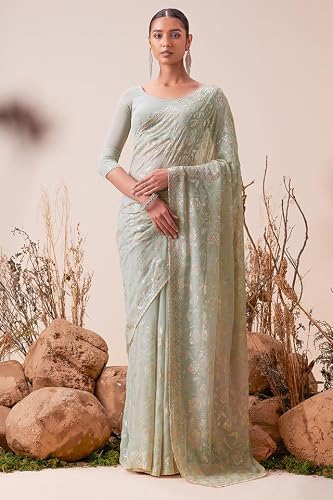 Soch Womens Sap Green Georgette Saree With Floral Embroidery And Sequins