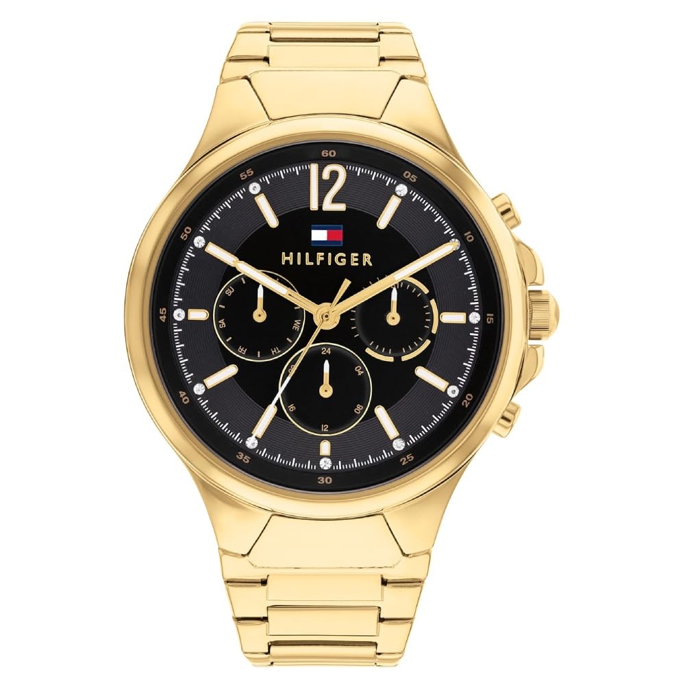 Tommy Hilfiger Sienna Quartz Multifunction Black Dial Gold Stainless Steel Strap Watch for Women