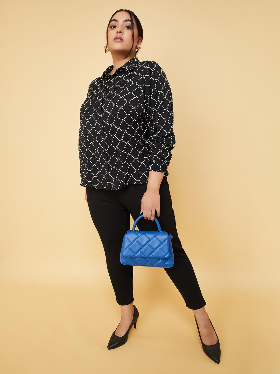 Max Women Plus Size Printed Bishop Sleeve Shirt (RIF01P_Black)