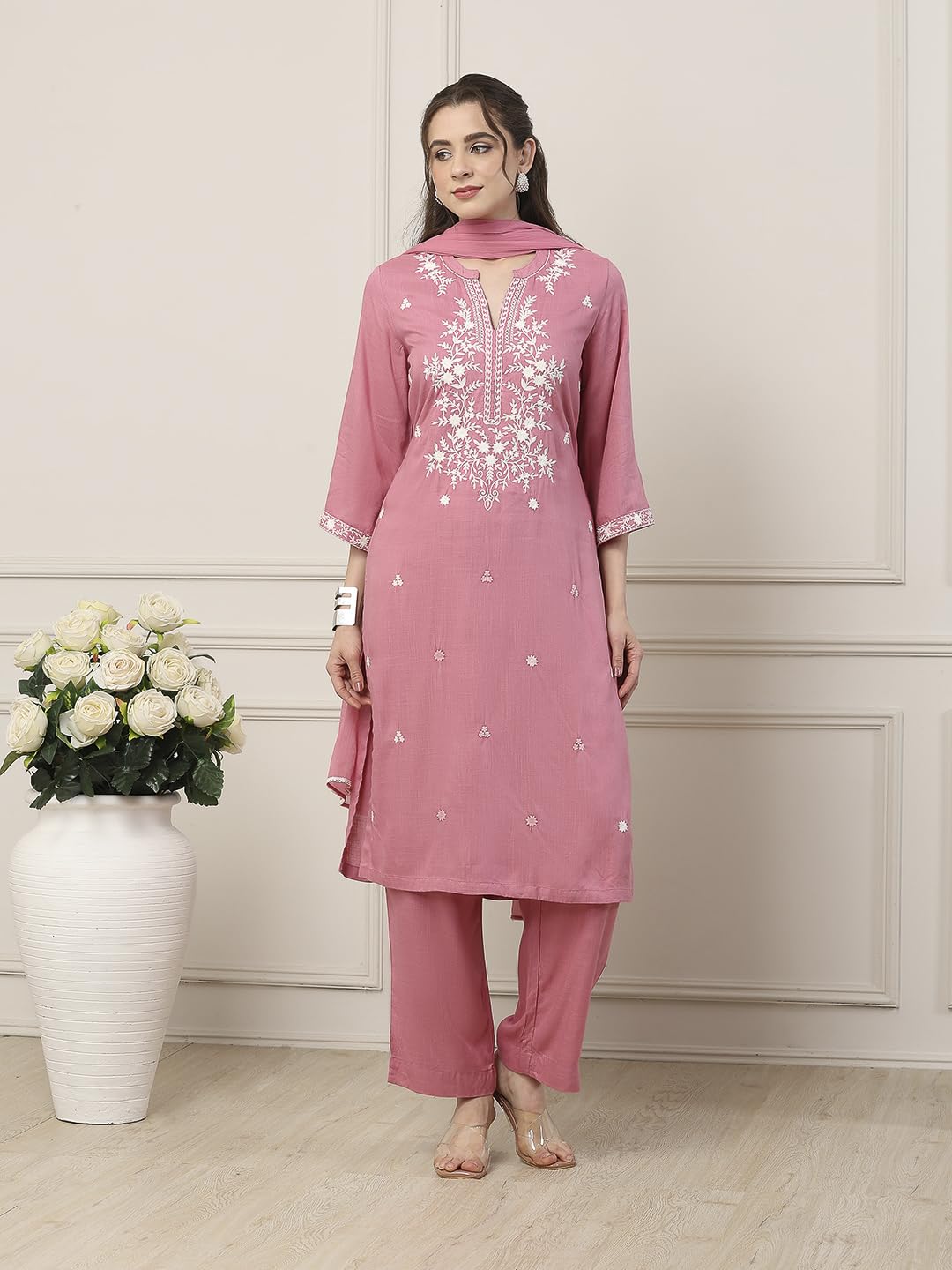 Biba Women Pink Viscose Rayon Straight Suit Set_34