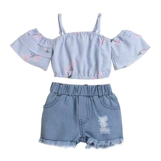 Hopscotch Girls Stripe Print BlouseShorts Set In Multi Color for Ages 2-3 Years