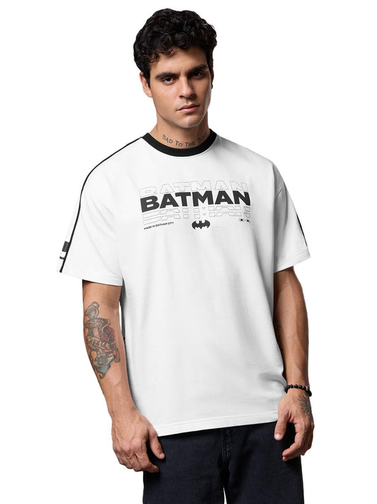 The Souled Store Official Batman: Gotham Guardian Mens and Boys Oversized fit Graphic Printed Half Sleeve Cotton White Color Mens Oversized T-Shirts (229670_M_White)