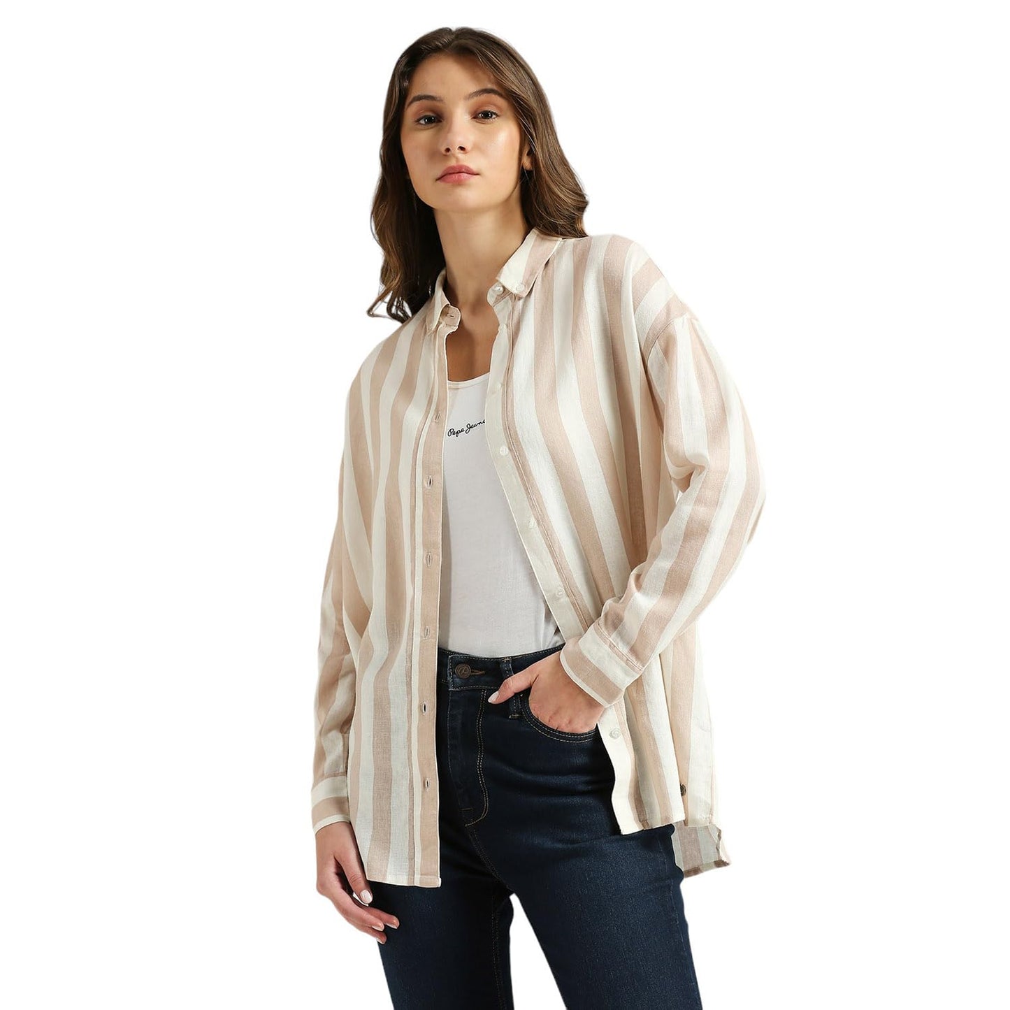 Pepe Jeans Women's Striped Relaxed Fit Shirt (PL304899_Beige